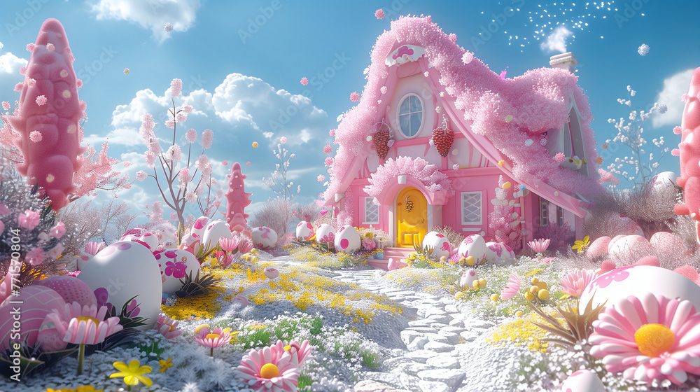 An enchanted pink cottage sits in a lush Easter landscape, with flowering trees, daisies, and decorative eggs under a clear blue sky.. - obrazy, fototapety, plakaty 