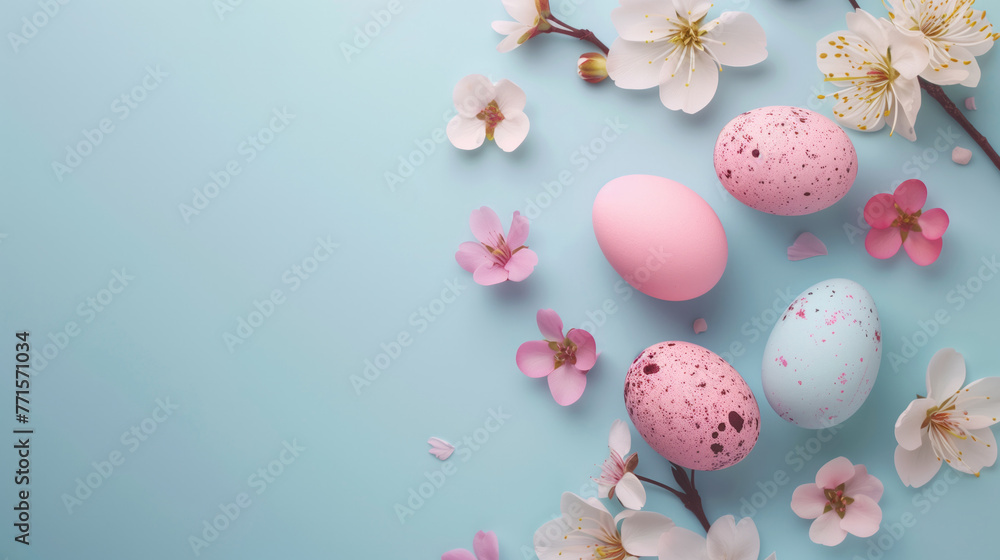 Happy Easter, Easter background with Easter eggs and spring flowers, Top view with copy space, generative ai Happy Easter, Easter background with Easter eggs and spring flowers, Top view with copy space, generative ai