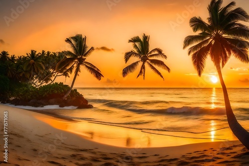 Sand beach, palm trees, and an island. panoramic view of the beach. Motivate a lush beach with a beautiful horizon.  © Ramzan Aziz