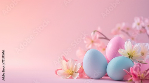 Happy Easter  Easter background with Easter eggs and spring flowers  Top view with copy space  generative ai
