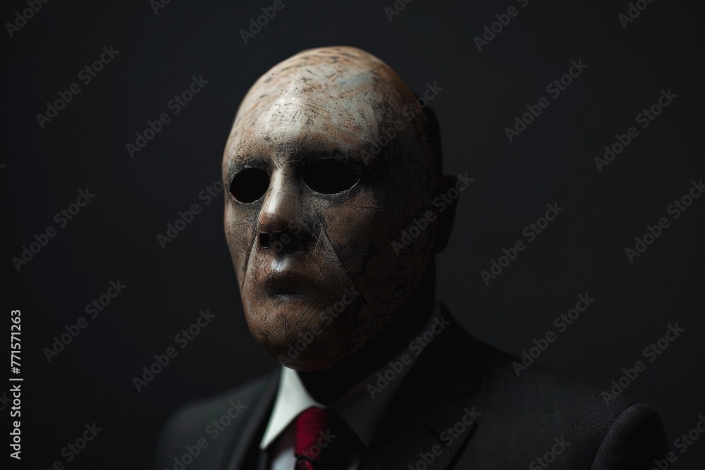 A terrifying mask adorns a man in formal attire, creating the ultimate spine-chilling Halloween ensemble. A terrifying mask adorns a man in formal attire, creating the ultimate spine-chilling Halloween ensemble.