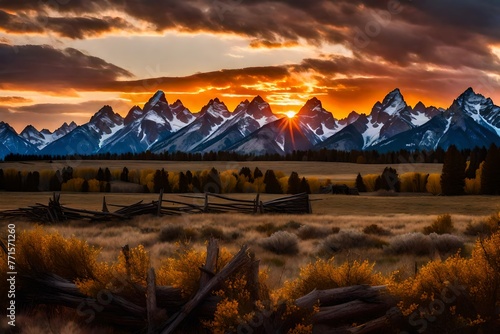 Grand Teton sunset - An expansive view of a breathtaking springtime sunset from the ruins of an old ranch.
