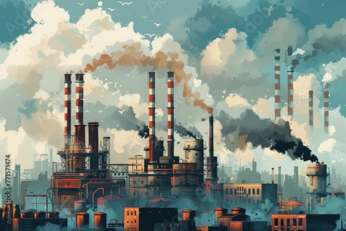 Factory with tall smokestacks emitting smoke. Industrial scene with environmental impact