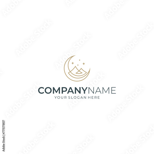 Minimalist line art logo crescent moon combination with mountains and stars.