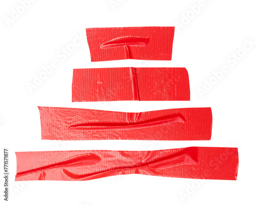 Top view set of wrinkled red adhesive vinyl tape or cloth tape in stripes shape isolated with clipping path in png file format photo