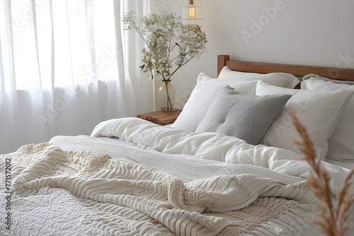 Update the look of a modern bedroom with a rustic décor, including a bed with a combination of white and cream pillows.