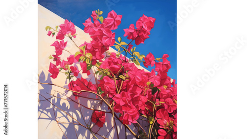 Bougainvillea Brilliance With Blue Sky: This vibrant acrylic painting showcases the vivacious pink bougainvillea in full bloom