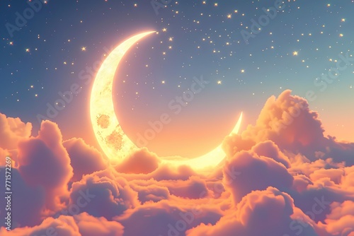 Golden crescent moon amidst a dreamy cloudscape with twinkling stars.