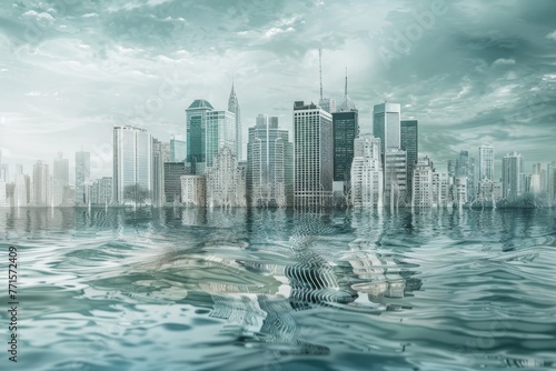 the catastrophe of rising sea levels destroys cities. A striking portrayal of rising sea levels  highlighting the impact of climate change on coastal regions. Raises awareness about the urgent need fo