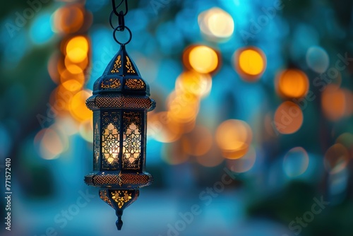 An ornate lantern glows amidst a bokeh of lights, evoking the spirit of holy celebrations.