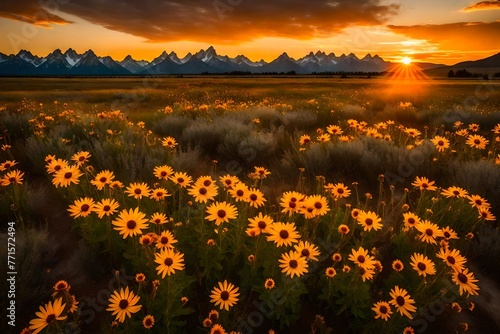 A flaming sunset over a field of wildflowers at Grand Teton National Park, Wyoming. The arrowleaf balsamroot blooms. These fields are there for a few weeks in June. photo