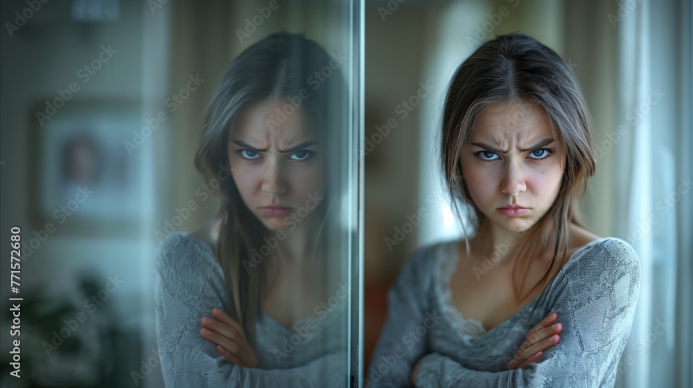 Young Woman Reflecting Emotion in Mirror - obrazy, fototapety, plakaty 