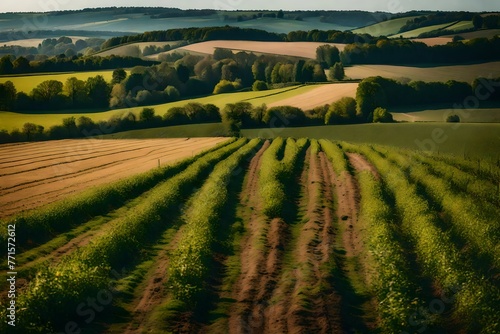 In Europe, a picturesque countryside with farmed fields.