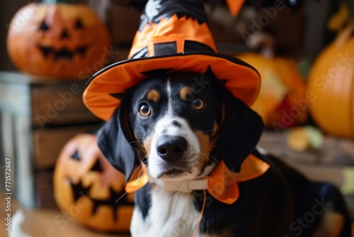 Entlebucher dog in Halloween costume, ready for fun. Playful and festive canine companion. © Uliana