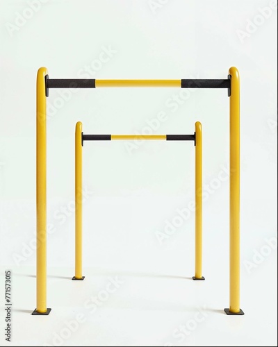 A simple yellow metal bar with black tape wrapped around the top and bottom, designed for an outdoor gym setting. The bar is set against a white background to highlight its sleek design