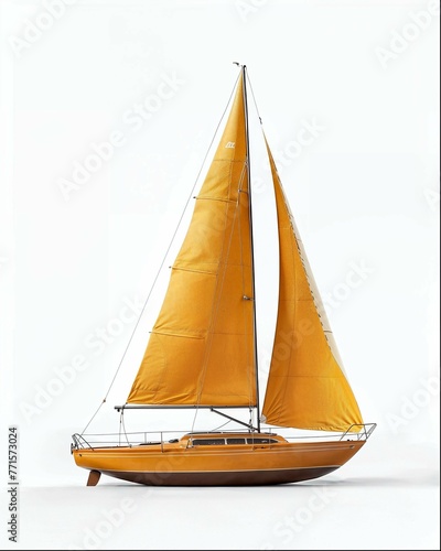 3D render of a yellow sailboat with a white background, no shadows, no reflections, no gloss, no highlights, no gradient, no light effects, no blur, no bokeh effect, no glass reflections, no glare