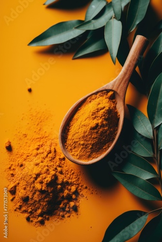Tumeric powder in wooden spoon close up image.