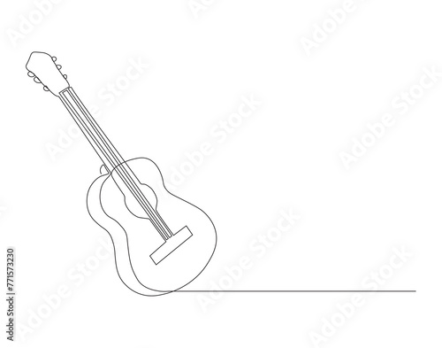 Continuous line drawing of classic acoustic guitar. One line of guitar acoustic. Modern stringed music instruments concept continuous line art. Editable outline.