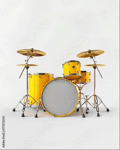 3d Realistic yellow drum set . on white Background, with copy space , photorealistic 