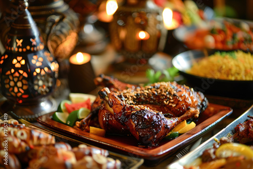 Traditional feast with roasted chicken and dates, illuminated by lanterns.
