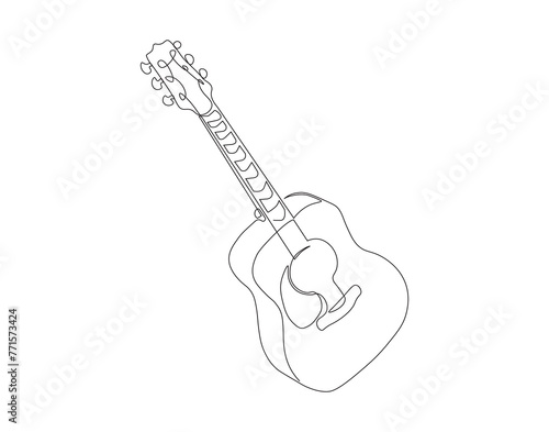 Continuous line drawing of classic acoustic guitar. One line of guitar acoustic. Modern stringed music instruments concept continuous line art. Editable outline.