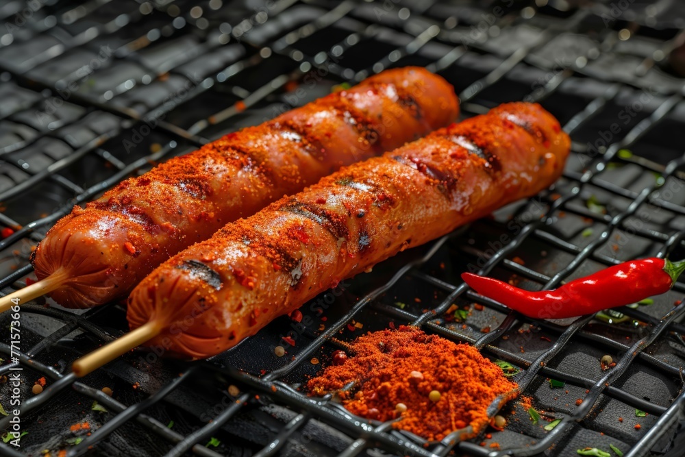 Two hot dogs sizzling on a grill next to a vibrant red pepper, cooking and emitting delicious aromas