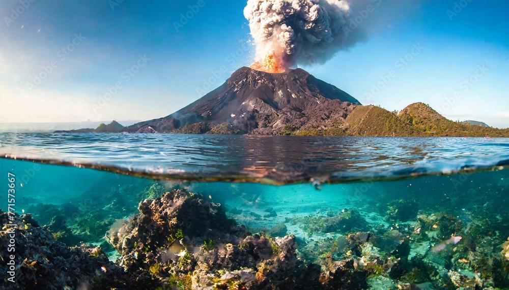 Volcan explosion paisaje fuego en el mar - obrazy, fototapety, plakaty 