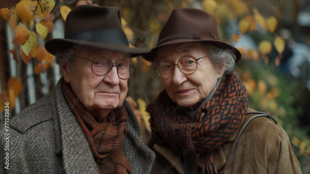 Elderly Couple in Autumn Attire Outdoors Elderly Couple in Autumn Attire Outdoors