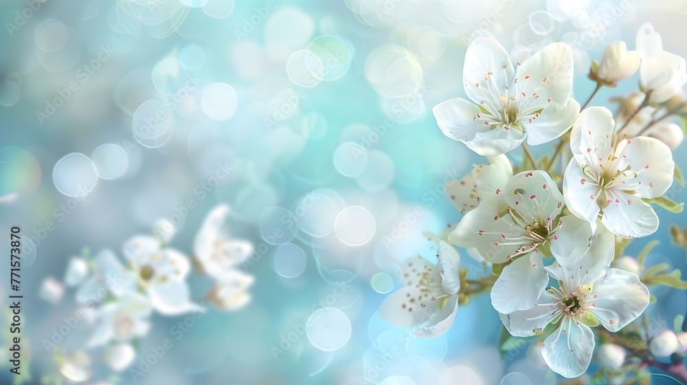 Serene Spring Bloom - White Flowers on a Blurry Blue Background, Perfect for Invitations and Cards. Nature's Beauty Captured in a Dreamy Style. AI