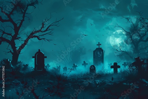 Vector illustration: Realistic Halloween cemetery scene. Spooky backdrop for designs.