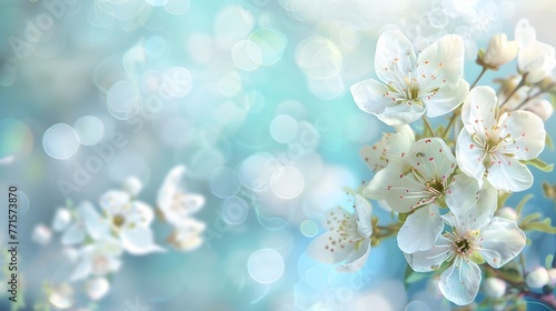 Serene Spring Bloom - White Flowers on a Blurry Blue Background, Perfect for Invitations and Cards. Nature's Beauty Captured in a Dreamy Style. AI