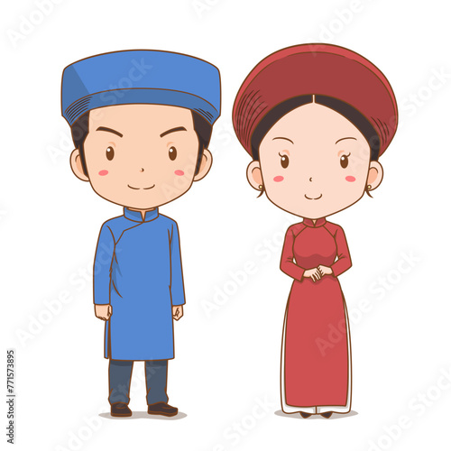 Cute couple of cartoon characters in Vietnam national costume.