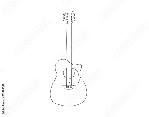 Continuous line drawing of classic acoustic guitar. One line of guitar acoustic. Modern stringed music instruments concept continuous line art. Editable outline.