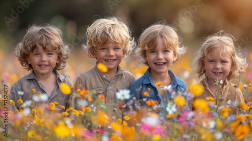 Four Happy Children Enjoying a Sunny Day in a Flower Field