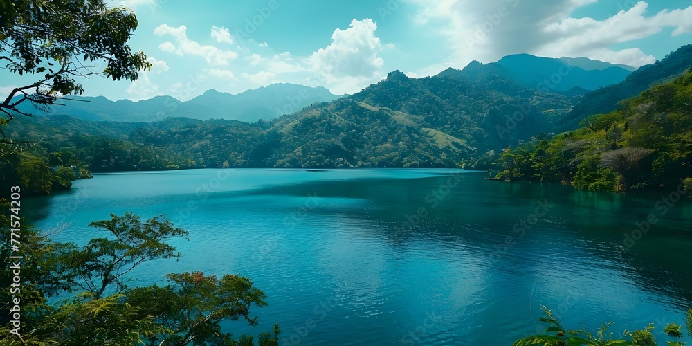 Scenic mountain lake landscape with clear blue water and lush greenery surrounding. Concept Mountain Landscape, Blue Water, Greenery, Scenic Views, Nature Photography