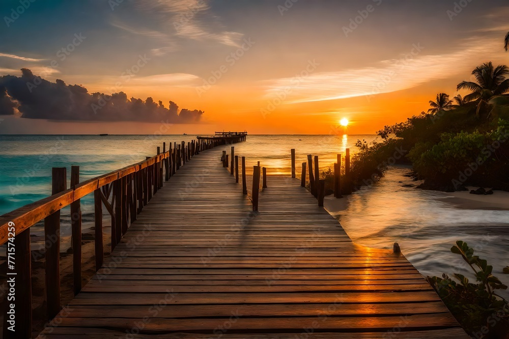 Gorgeous sunset close to a tropical beach with a long jetty. extended exposure.