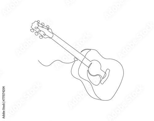 Continuous line drawing of classic acoustic guitar. One line of guitar acoustic. Modern stringed music instruments concept continuous line art. Editable outline.