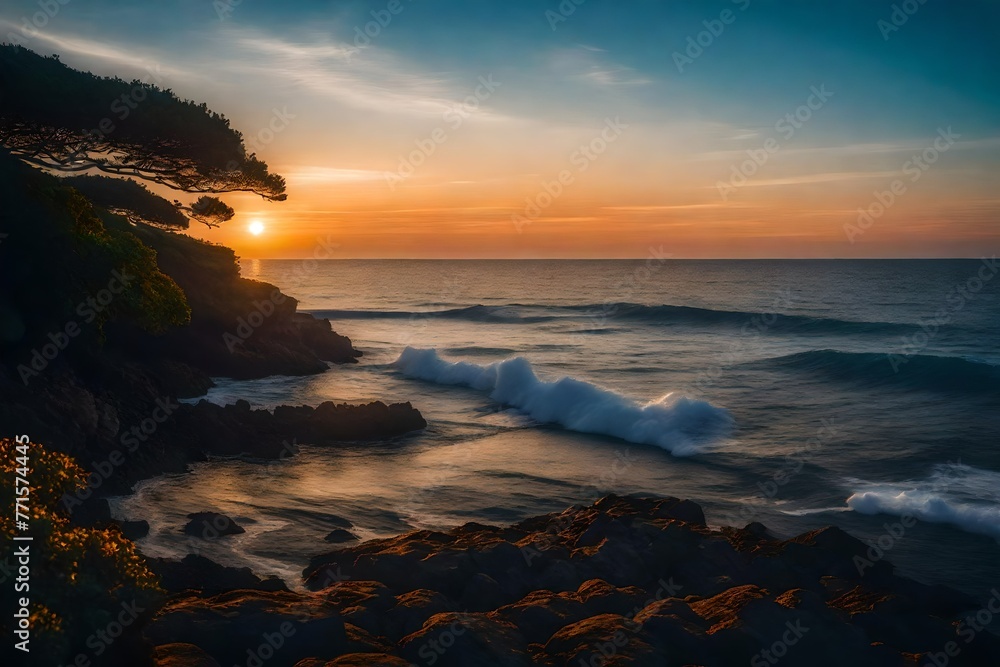 Fototapeta premium Overlooking the sea, an early morning dawn. A few clouds.
