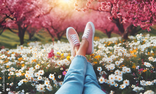 Legs wearing pink shoes of relaxing girl lying on the spring blooming 