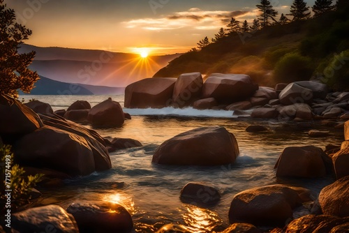 A dramatic picture featuring large boulders, the water, a sunbeam, and a stunning sunset