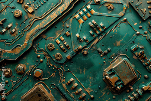 Old circuits and components on a green motherboard, capacitors resistors and other electronics integrated on a circuit board