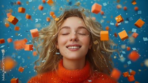 Radiant Woman Celebrating With Confetti on Blue Backdrop