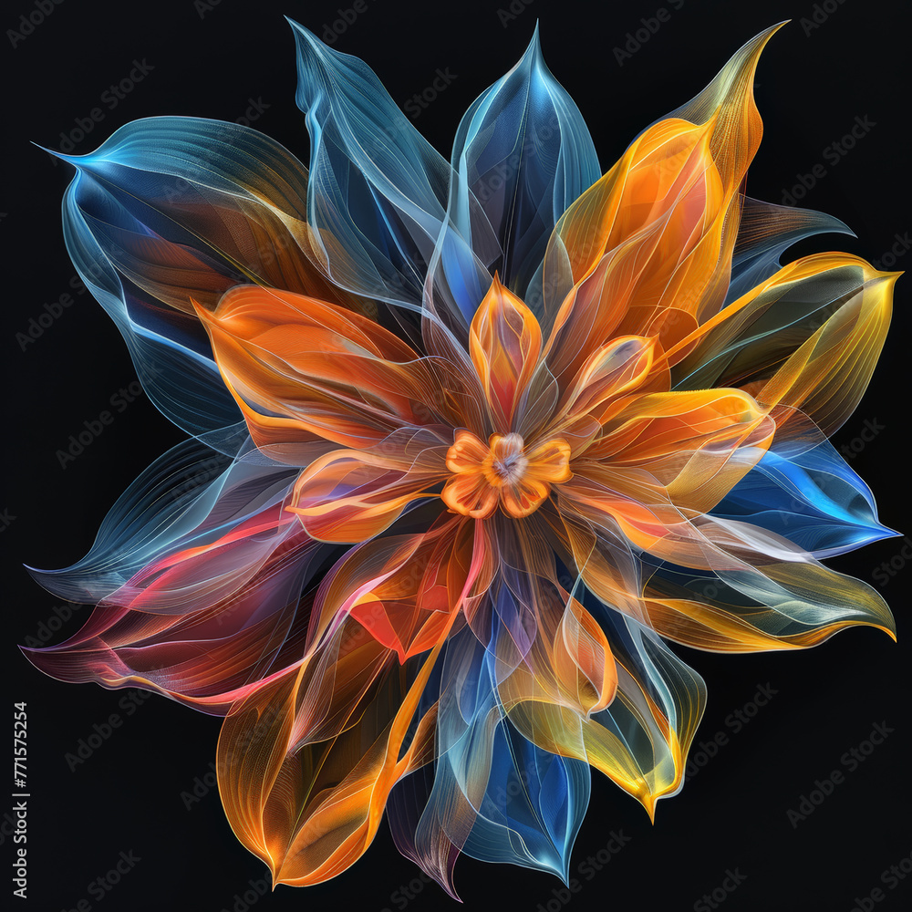 Fototapeta premium A vibrant flower with multiple colors stands out against a dark black background