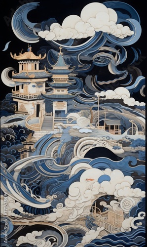 beautiful painting of pagoda architecture surrounded by clouds and wind with blue ,sky, white ,black , golden colors