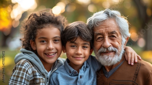 Grandfather With Grandchildren in Autumn Park