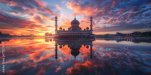 elapse of Sunset at Putra Mosque with mirror reflection in the lake,. generative ai 