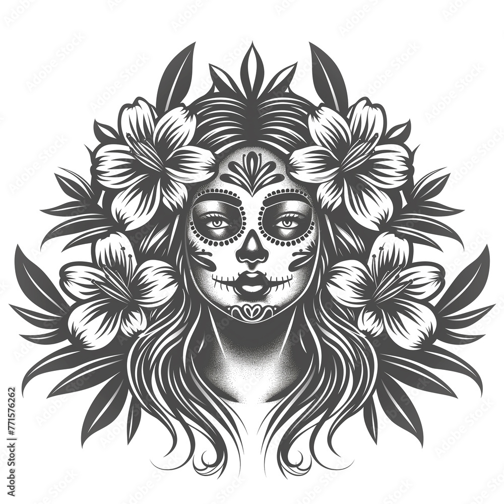 Image of a girl with a sugar skull, flowers. Icon for Mexican events.