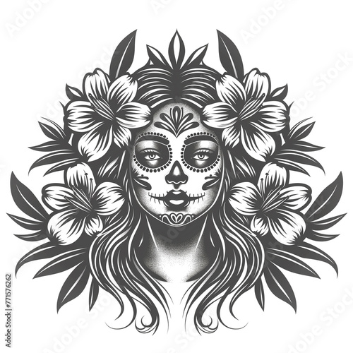 Image of a girl with a sugar skull  flowers. Icon for Mexican events.