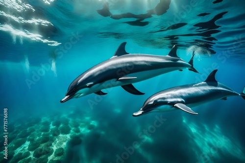 Dolphins diving beneath the ocean.