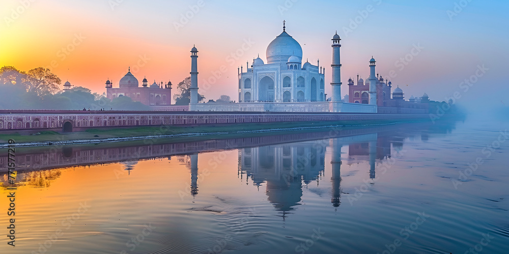 Famous Taj Mahal Mausoleum on the bank of the Yumana river in Agra, India. generative ai 